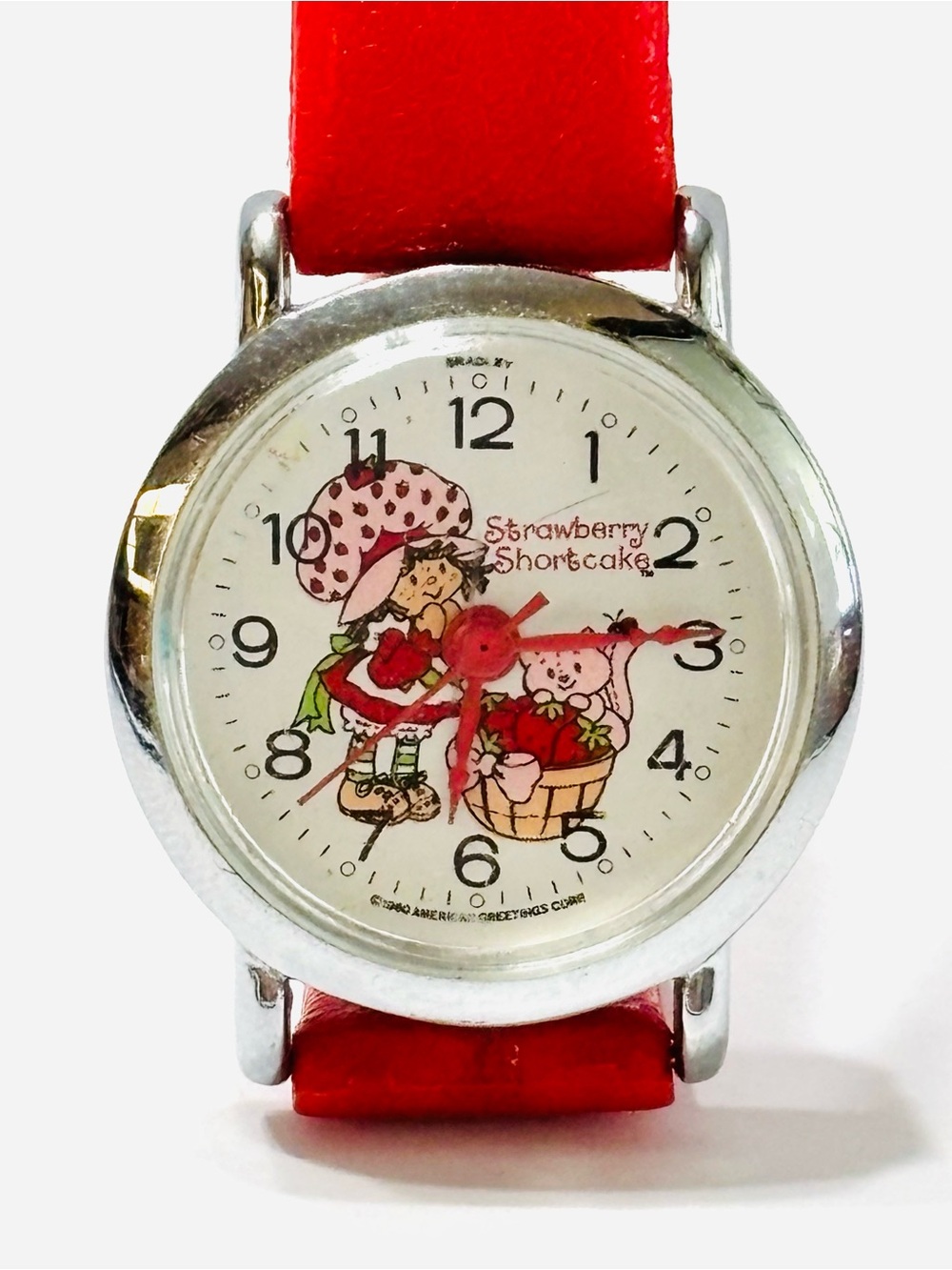 Vintage 1980s Bradley Strawberry Shortcake Watch Red Wind Up Cut Band FOR PARTS